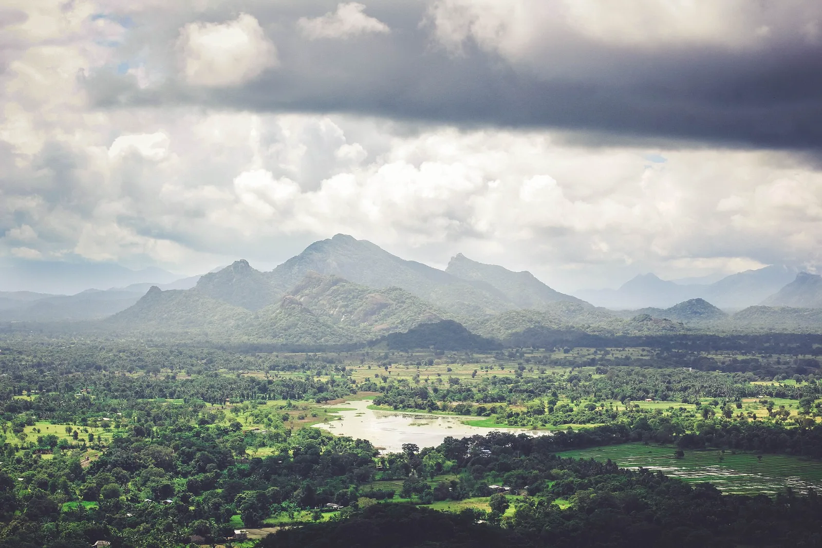 Hills, paddy fields and a village tank in the Sri Lankan countryside