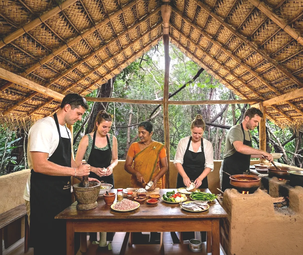 Guests in aprons cooking with a Sri Lankan cook in a thatched open kitchen, clay pots on a wood fire